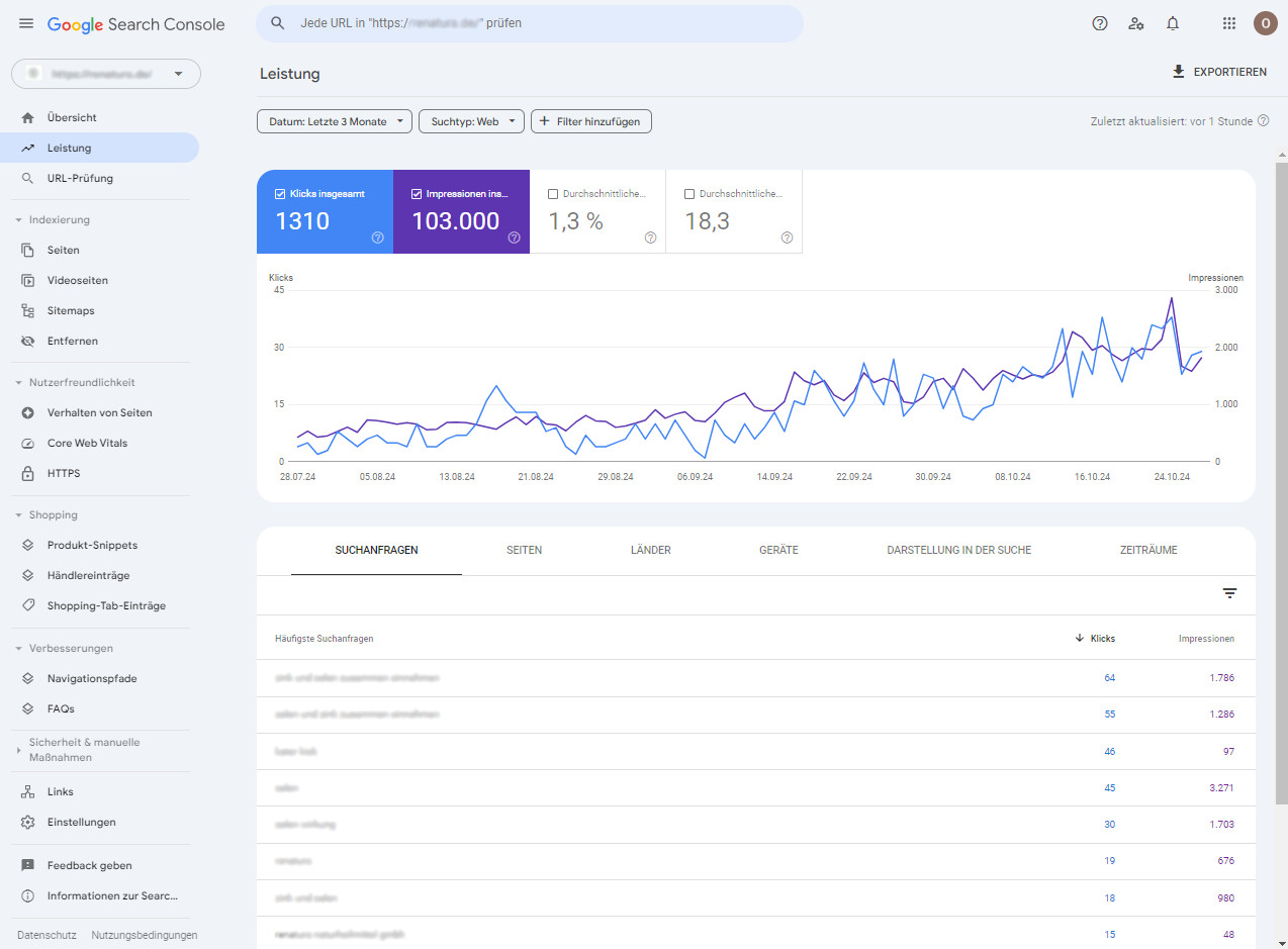 Screenshot aus der Google Search Console (Kundenbeispiel iMi digital)